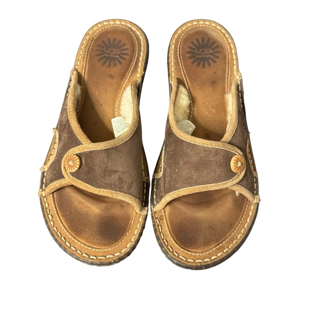 UGG 1793 KALAMA Brown Suede Slide Sandals with Tan Trim and Sherpa lining